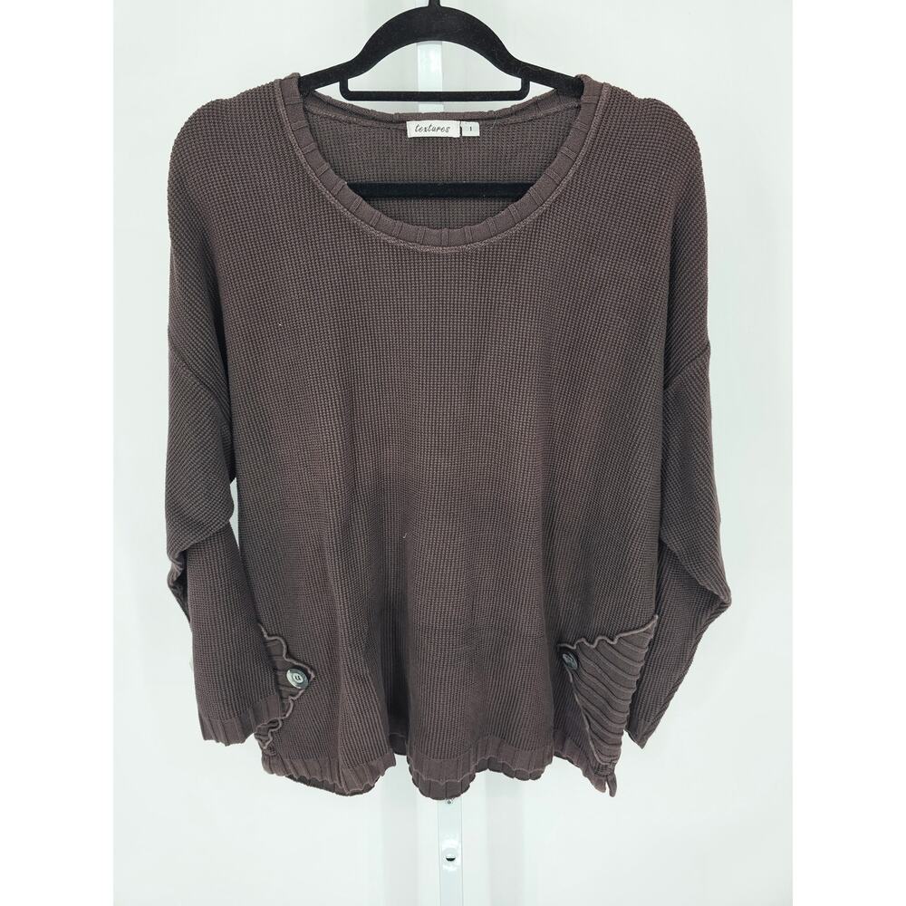 Textures Women's Long Sleeve Brown Scoop Neck Ribbed Cotton Sweater Size 1X